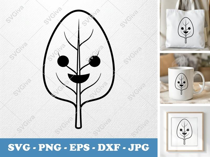 Spinach SVG Kawaii Leaf, Cute Vegetable Face Cut File, Modern Food Clipart | PNG EPS DXF for Cricut Silhouette