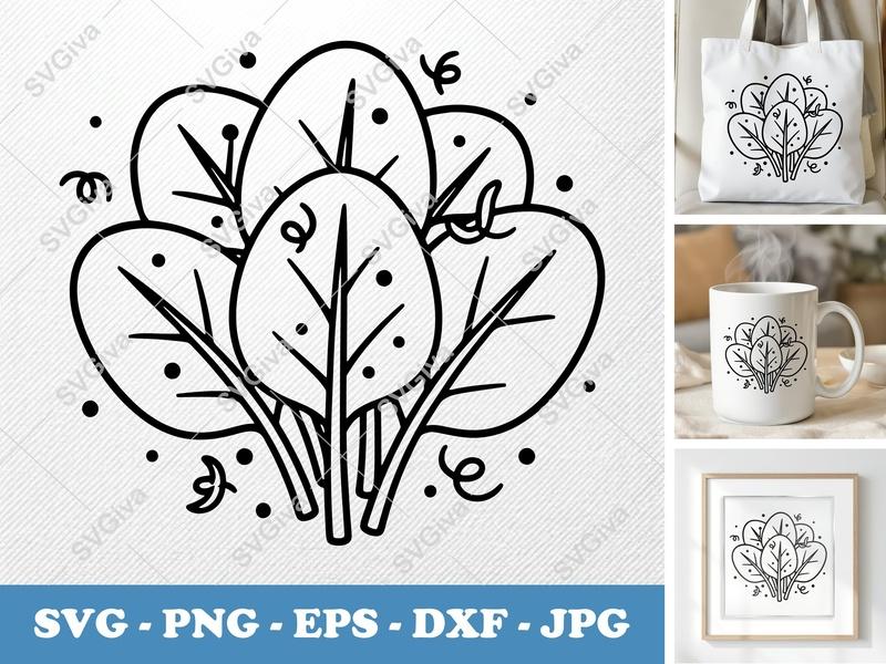 Spinach SVG, Modern Cartoon Vegetable PNG, EPS, DXF Cut File for Cricut, Silhouette, Kitchen Decor, Healthy Food Clipart