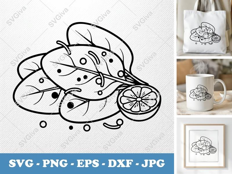 Spinach SVG with Lemon | Modern Clean Design, Salad Greens Cut File for Cricut, Silhouette | PNG EPS DXF Vector Clipart
