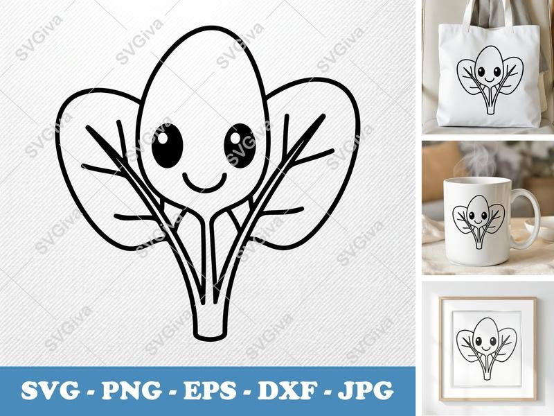 Spinach SVG with Smiling Face | Friendly Rounded Bean-Shaped Cut File | PNG DXF EPS for Cricut Silhouette