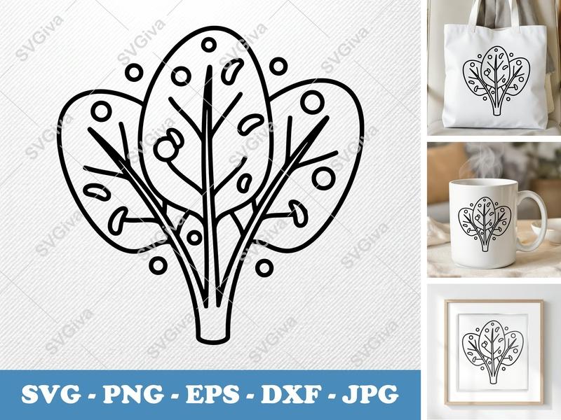 Spinach with Garnish SVG | Friendly Bean-Shaped Cut File | PNG DXF EPS | Cricut Silhouette | Rounded Body Design