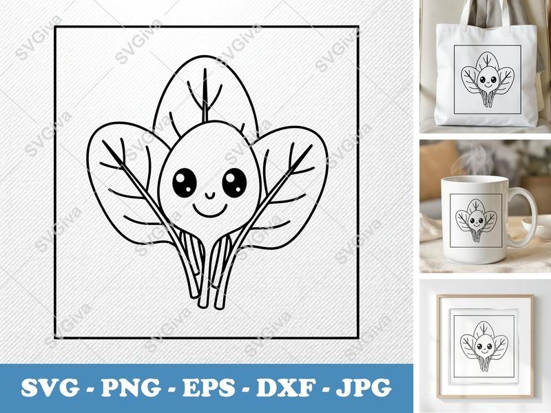 Spinach with Smiling Face SVG | Kawaii Minimalist Cut File | PNG DXF EPS | Cricut Silhouette Design