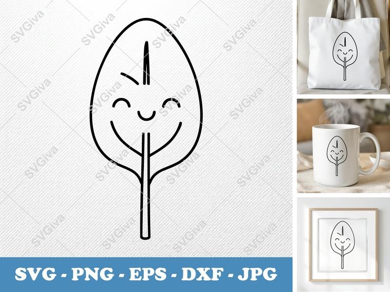 Spinach with Smiling Face SVG | Minimalist Double-Outline Cut File | PNG DXF EPS | Cricut Silhouette Design