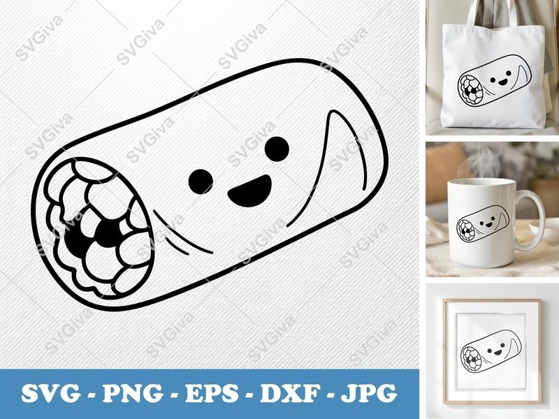Spring Rolls SVG, Kawaii Food Clip Art, Happy Outline Design for Cricut & Silhouette | PNG EPS DXF Vector File