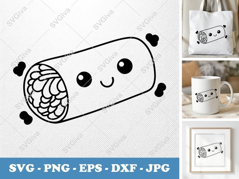 Spring Rolls SVG, Kawaii Food Cut File, Cute Springroll PNG, EPS, DXF for Cricut & Silhouette, Happy Doodle Design