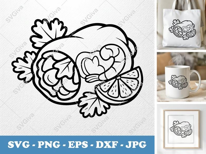 Spring Rolls SVG, Shrimp & Lime Slice Cut File, Food Outline Design, PNG EPS DXF for Cricut, Silhouette, Asian Cuisine Art