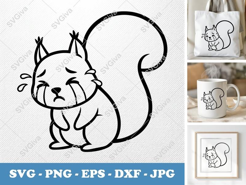 Squirrel Crying SVG, Sad Squirrel Cut File, Modern Animal PNG EPS DXF for Cricut & Silhouette, Cute Cartoon Vector