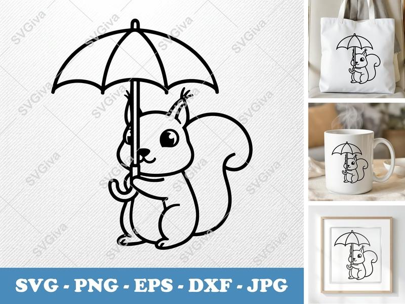 Squirrel Holding Umbrella SVG | Friendly Rounded Body Bean-Shaped Cut File | PNG DXF EPS | Cricut Silhouette Design