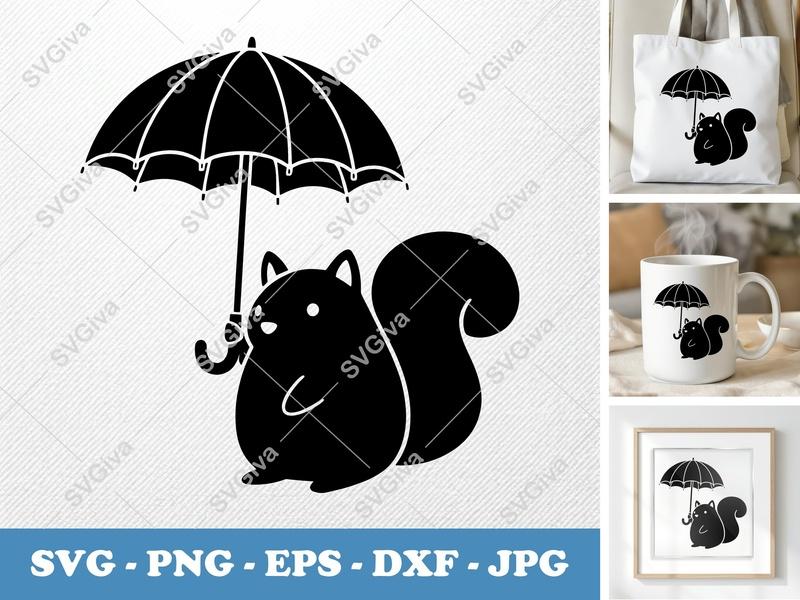 Squirrel Holding Umbrella SVG | Puffy Soft Shapes | Inflated Pillow-Soft Forms | PNG DXF EPS | Cricut Silhouette File