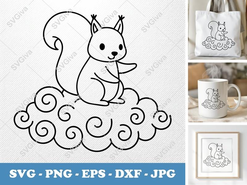 Squirrel on Cloud SVG | Cute Outline Animal PNG EPS DXF | Cricut Silhouette File | Woodland Nursery Clipart Digital Download