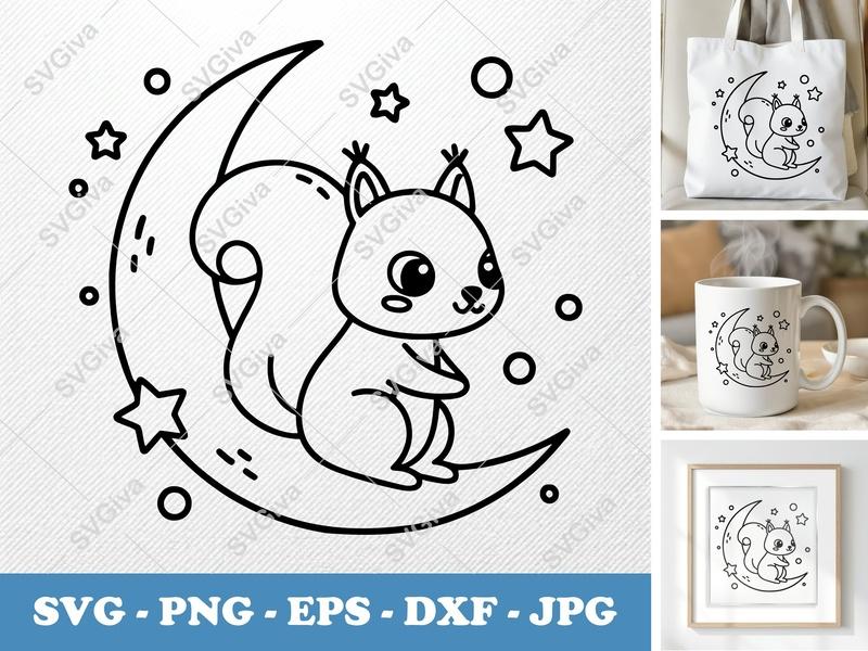 Squirrel on Moon SVG | Friendly Rounded Bean-Shaped Cut File | PNG DXF EPS | Cricut Silhouette Ready