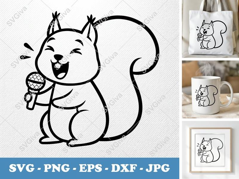 Squirrel Singing SVG, Happy Squirrel Microphone PNG EPS DXF | Cricut Silhouette Cut File, Cartoon Animal Clipart