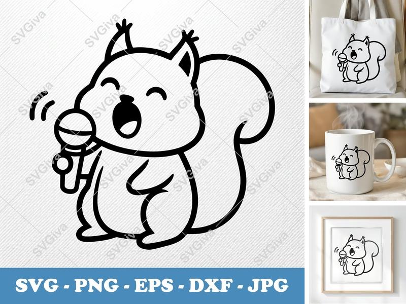 Squirrel Singing SVG | Karaoke Squirrel PNG EPS DXF | Cute Animal Clipart for Cricut & Silhouette | Modern Clean Design