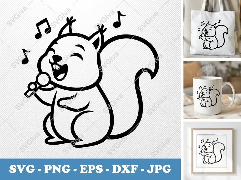 Squirrel Singing SVG | Karaoke Squirrel PNG EPS DXF | Music Notes Cut File for Cricut Silhouette | Funny Animal Vector