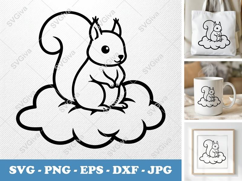 Squirrel sitting on a cloud SVG | Minimalist Vector Cut File | Cricut Silhouette | PNG DXF EPS