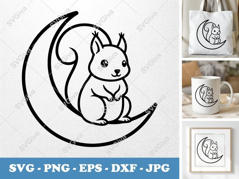 Squirrel sitting on a moon SVG | Minimalist Contour Cut File | Bold Line Art PNG DXF EPS | Cricut Silhouette Design