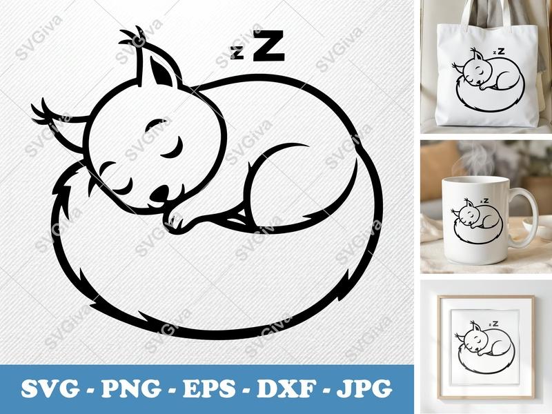 Squirrel Sleeping SVG | Modern Cartoon Napping Cut File | PNG EPS DXF | Cricut Silhouette Ready