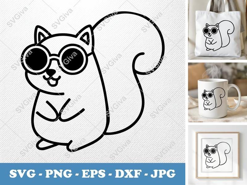 Squirrel SVG | Cool Squirrel with Glasses Cut File | Modern Animal Clipart | PNG EPS DXF for Cricut & Silhouette