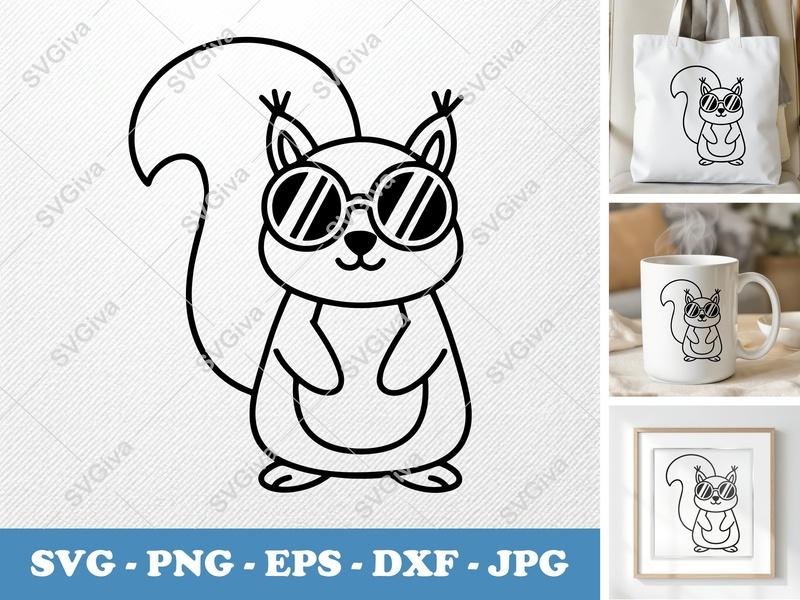 Squirrel SVG, Cool Squirrel with Sunglasses Cut File, Modern Animal Clipart | PNG EPS DXF for Cricut & Silhouette Machines