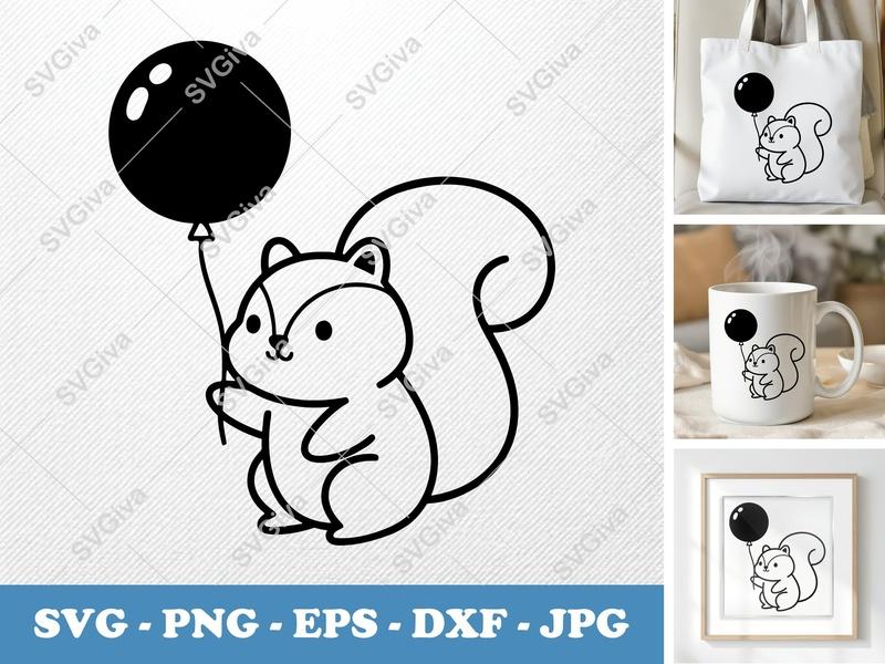 Squirrel SVG, Cute Balloon Squirrel Cut File, Modern Animal Clip Art | PNG EPS DXF for Cricut & Silhouette