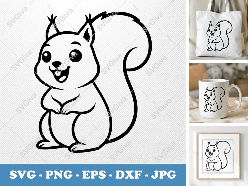 Squirrel SVG, Cute Cartoon Squirrel Cut File, Modern Animal PNG EPS DXF | Cricut Silhouette Vector Art