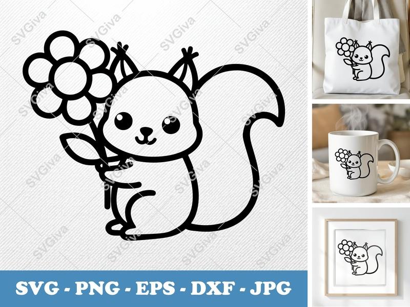 Squirrel SVG | Cute Cartoon Squirrel with Flower | PNG EPS DXF for Cricut & Silhouette | Animal Clipart Cut File