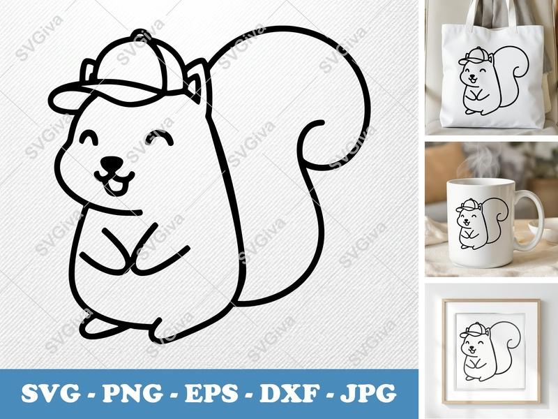 Squirrel SVG, Cute Cartoon Squirrel with Hat, Modern Animal Cut File | PNG EPS DXF for Cricut & Silhouette