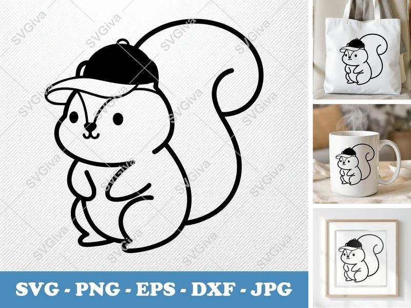 Squirrel SVG, Cute Cartoon with Hat, Modern Animal Cut File | PNG EPS DXF for Cricut & Silhouette