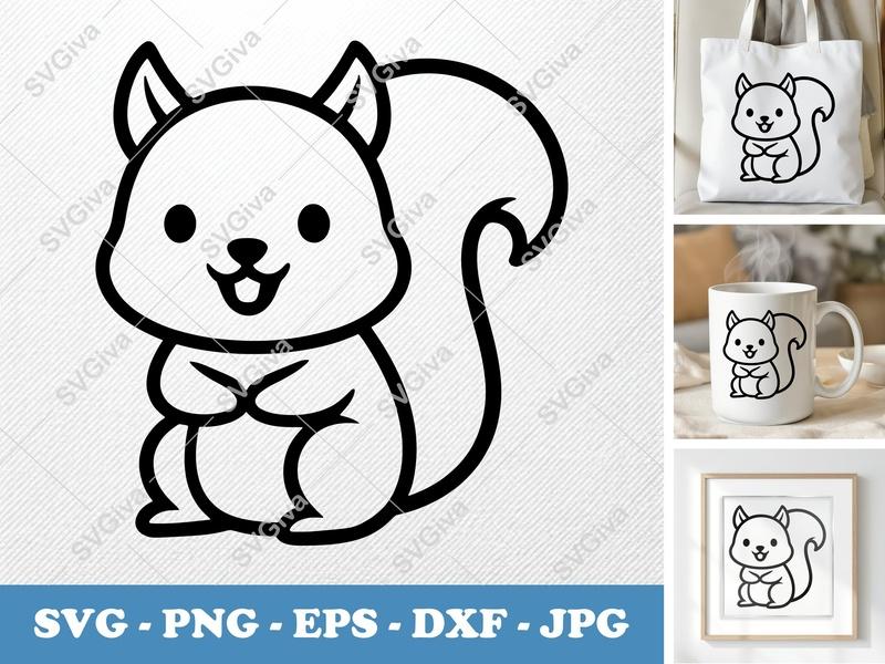 Squirrel SVG, Cute Cartoon Woodland Animal Cut File, Modern Design PNG EPS DXF, Cricut Silhouette Vector Art