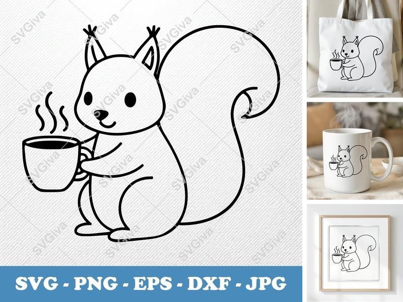 Squirrel SVG | Cute Coffee Squirrel, Hot Drink Line Art | PNG EPS DXF | Cricut Silhouette Cut File