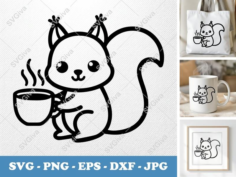 Squirrel SVG | Cute Coffee Squirrel Line Art, Cartoon Animal | PNG EPS DXF | Cricut Silhouette Cut File, Digital Download