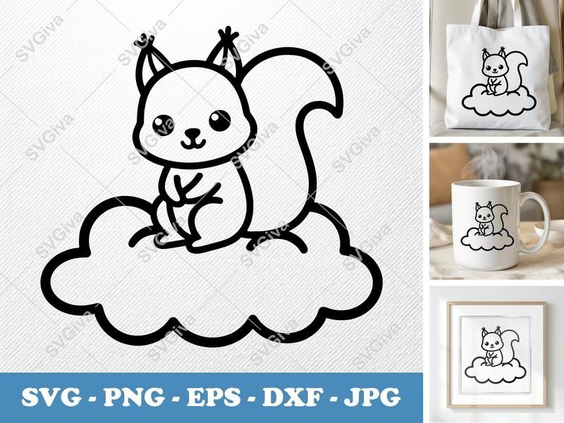Squirrel SVG | Cute Kawaii Cloud Cut File | Woodland Animal Clip Art | PNG EPS DXF for Cricut & Silhouette