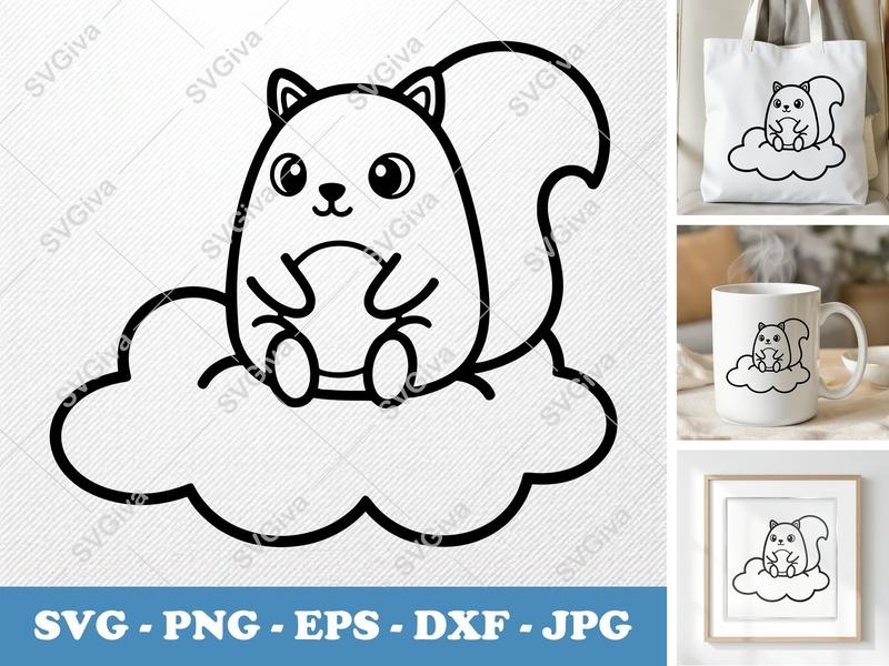 Squirrel SVG | Cute Kawaii Cloud Squirrel Outline | PNG EPS DXF | Cricut Silhouette Cut File, Digital Download, Animal Art