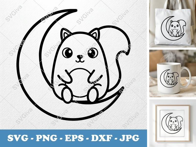 Squirrel SVG, Cute Moon Animal Cut File, Kawaii Nursery Clipart, PNG EPS DXF for Cricut | Silhouette Crafting