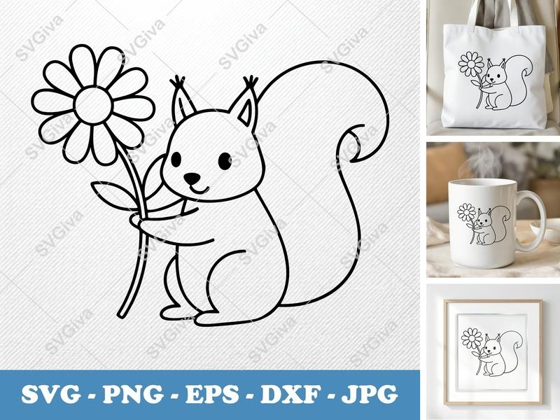 Squirrel SVG, Cute Squirrel with Flower, Modern Animal Clipart, PNG EPS DXF for Cricut & Silhouette, Digital Download