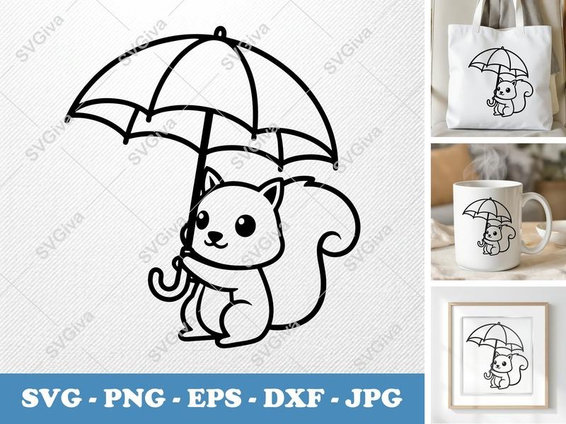 Squirrel SVG, Cute Squirrel with Umbrella, Cartoon Animal Cut File | PNG EPS DXF for Cricut, Silhouette, Vector Clipart