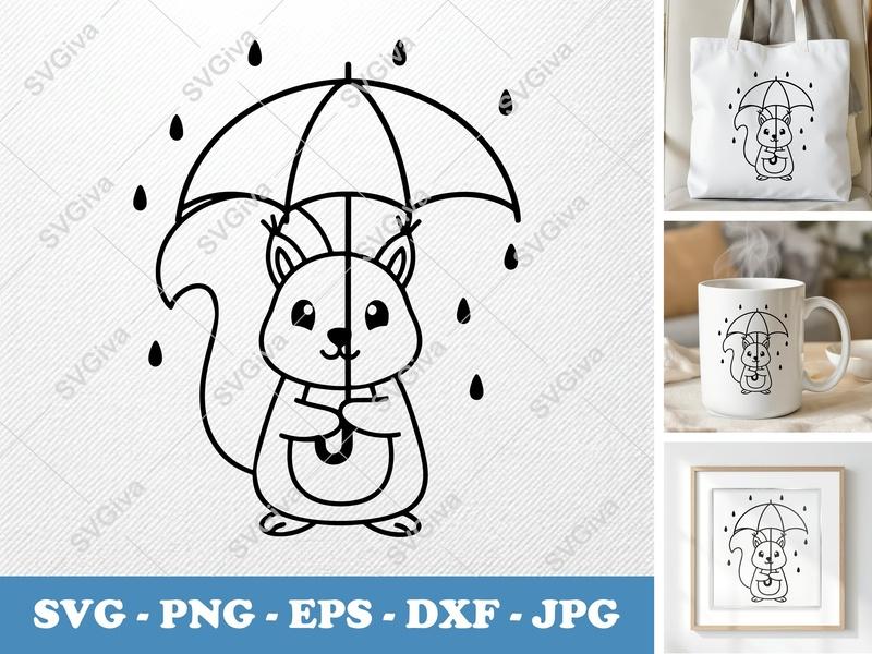 Squirrel SVG | Cute Umbrella Rain Design | Autumn Fall Animal Clip Art | PNG EPS DXF for Cricut Silhouette