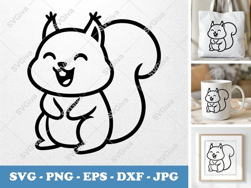 Squirrel SVG | Happy Cartoon Squirrel Cut File | Cute Modern Animal | PNG EPS DXF for Cricut & Silhouette