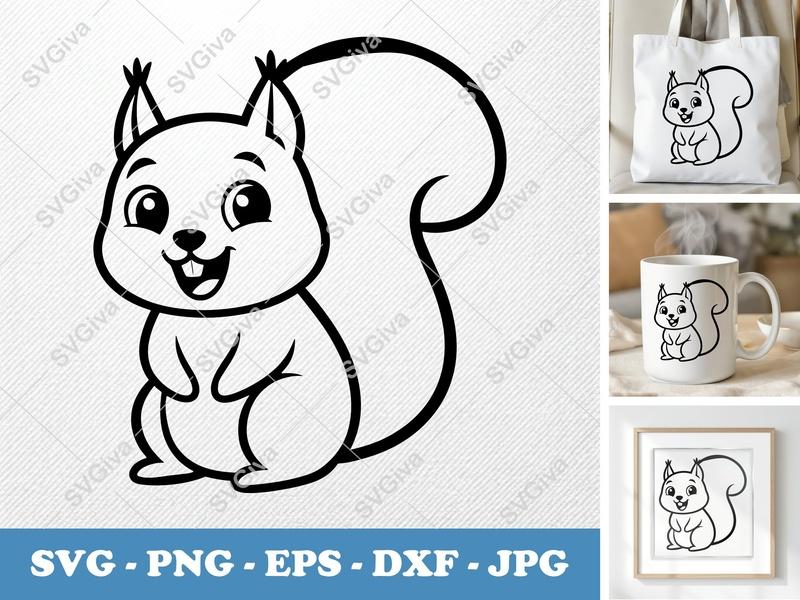 Squirrel SVG | Happy Cartoon Squirrel Cut File for Cricut | Modern Forest Animal PNG EPS DXF | Silhouette Design