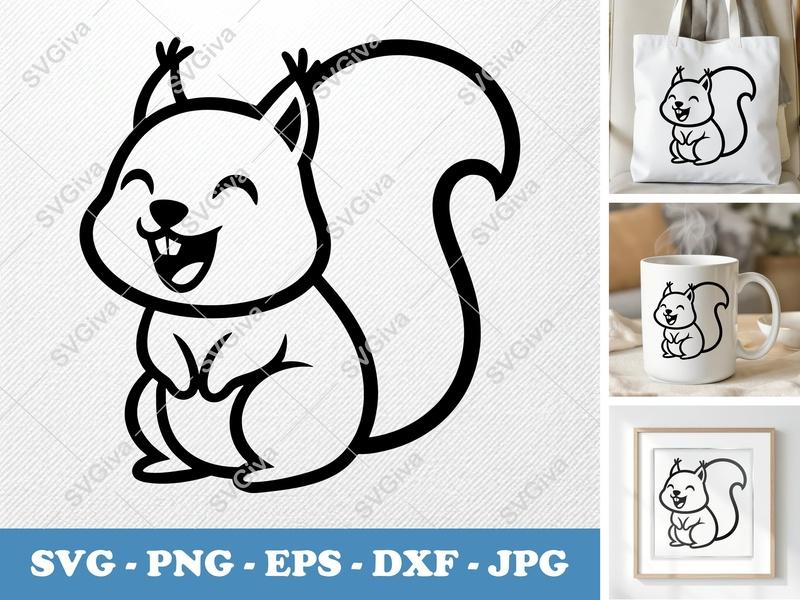 Squirrel SVG | Happy Cartoon Squirrel Cut File | Modern Design | PNG EPS DXF | Cricut Silhouette File
