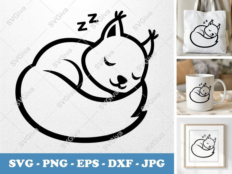 Squirrel SVG | Sleeping Squirrel Cut File | Modern Cartoon Animal PNG EPS DXF for Cricut & Silhouette