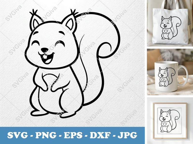 Squirrel SVG, Smiling Happy Cartoon, Bold Contour Simple Character Cut File | PNG DXF EPS | Cricut Silhouette Vector