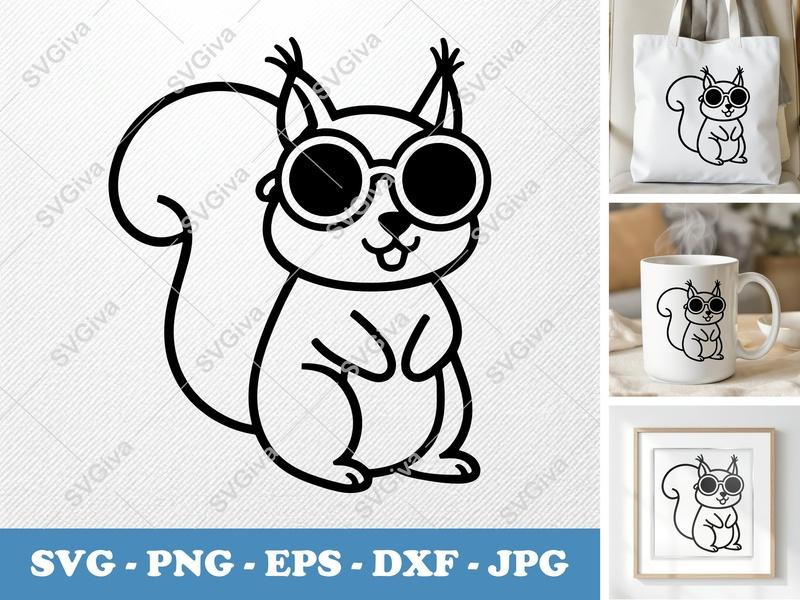 Squirrel wearing sunglasses SVG | Friendly Rounded Body Bean Shape Cut File | PNG DXF EPS for Cricut Silhouette