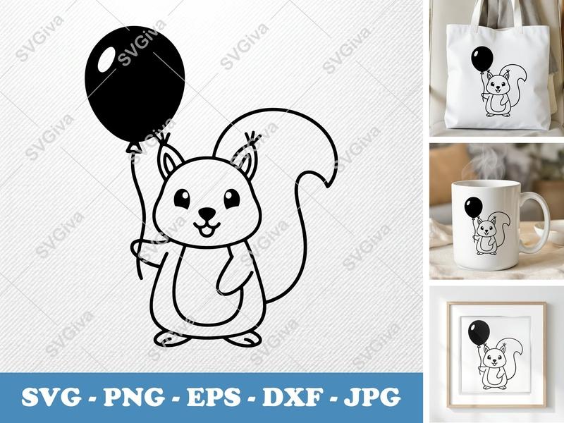Squirrel with Balloon SVG, Cute Clean Design, PNG EPS DXF | Cricut Silhouette Cut File, Animal Clipart, Digital Download