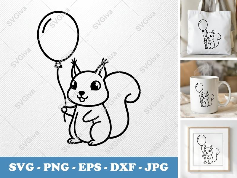 Squirrel with Balloon SVG | Friendly Bean-Shaped Cut File | Rounded Body PNG DXF EPS for Cricut Silhouette