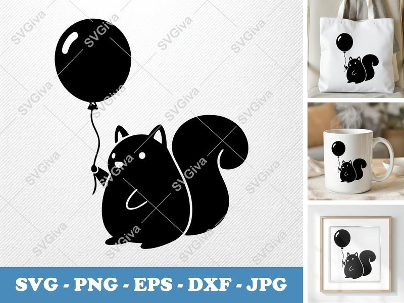 Squirrel with Balloon SVG | Puffy Soft Shapes | Inflated Pillow-Soft Design | PNG DXF EPS | Cricut Silhouette File