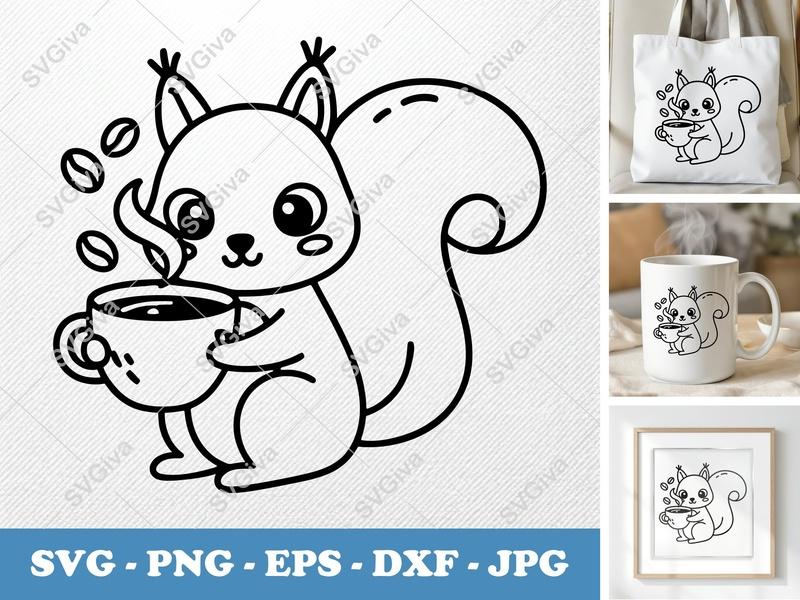 Squirrel with Coffee Cup SVG | Friendly Rounded Bean-Shaped Design | PNG DXF EPS | Cricut Silhouette File
