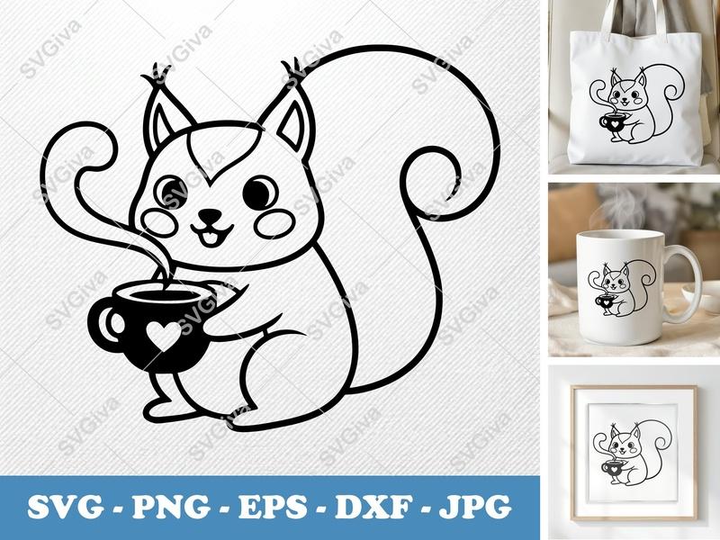 Squirrel with Coffee Cup SVG | Puffy Pillow Soft Shapes | PNG DXF EPS | Cricut Silhouette File