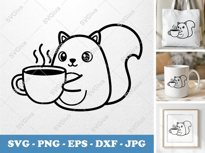 Squirrel with Coffee SVG | Cute Kawaii Animal PNG EPS DXF | Modern Outline Design for Cricut & Silhouette Cut File