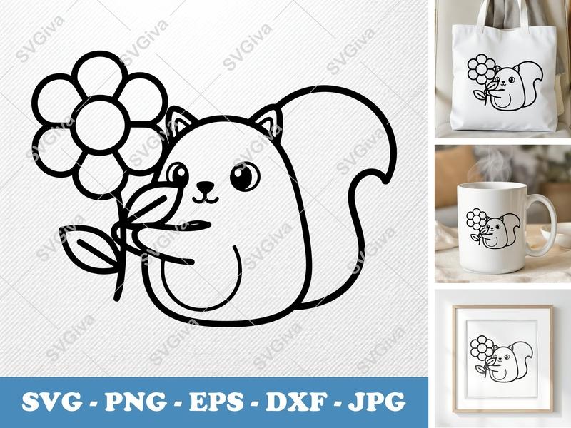 Squirrel with Flower SVG | Cute Modern Cartoon | PNG EPS DXF | Cricut Silhouette Cut File